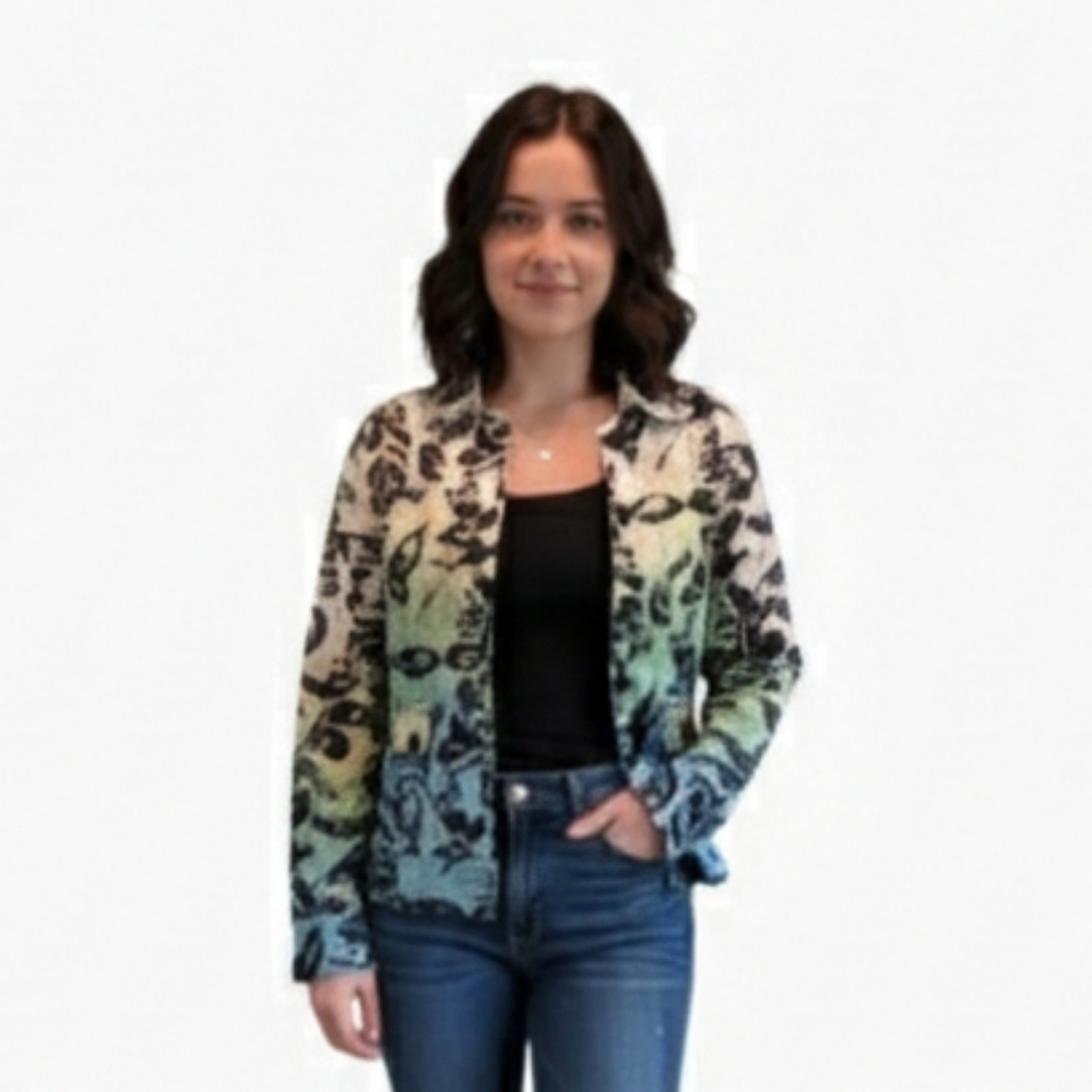 Life Style Floral Gradient Blazer Jacket Size Small Cottagecore Denim Blue Black